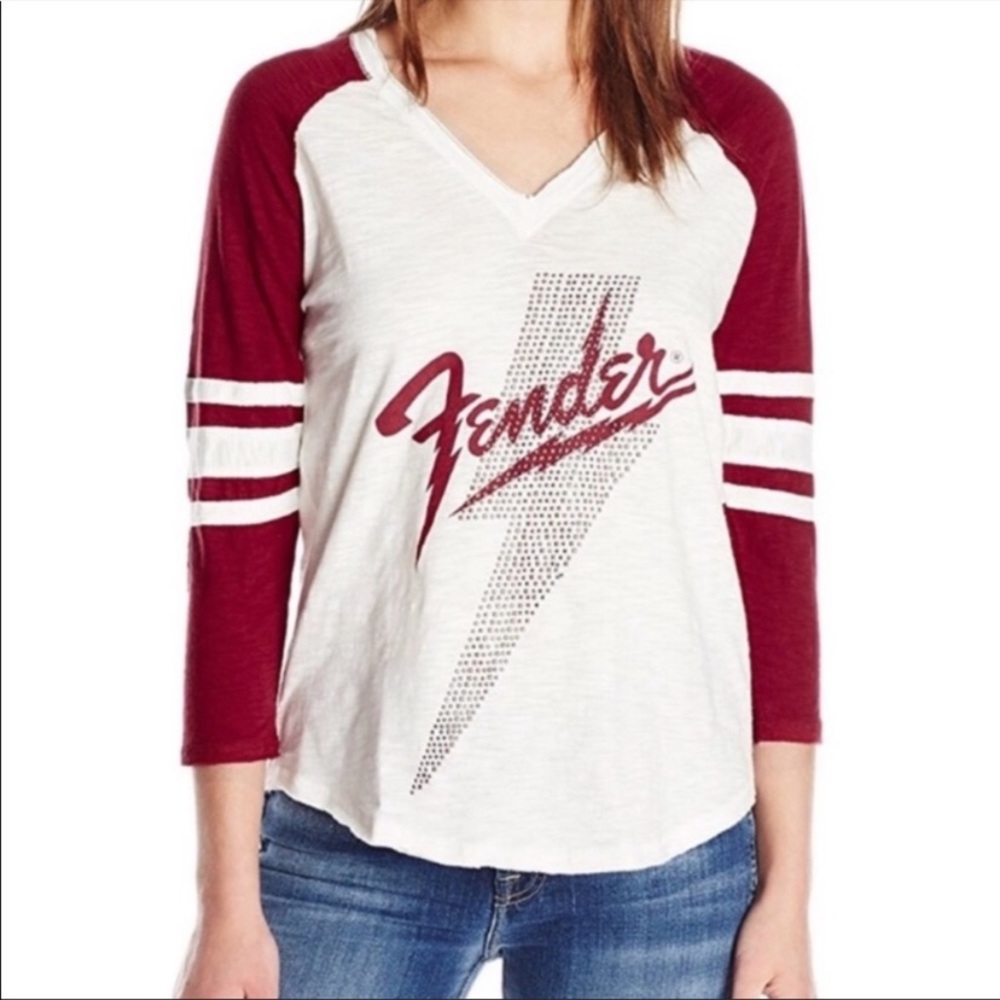 Lucky Brand Fender Studded Lightning Bolt Graphic Tee Raglan Varsity Stripe Sm